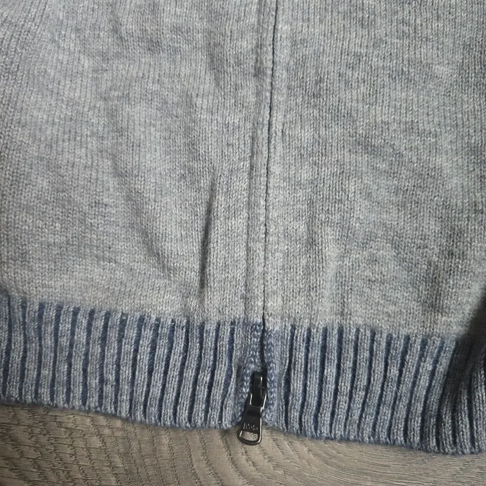 Ralph Lauren Boys 24M Wool Knit Bulldog Sweater Hoodie Full Zip Back Gray Blue